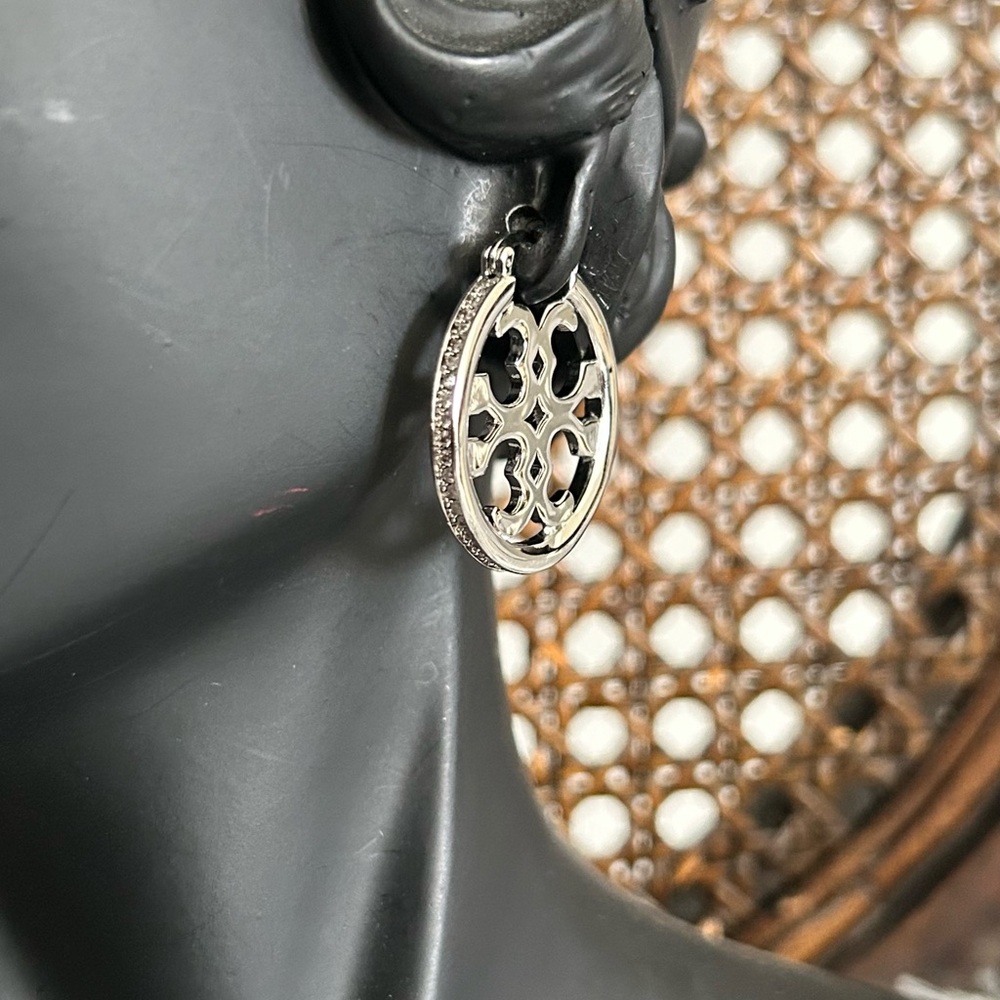 Tory Burch  Silver-Tone Pavé Crystal Latch-Back Earrings